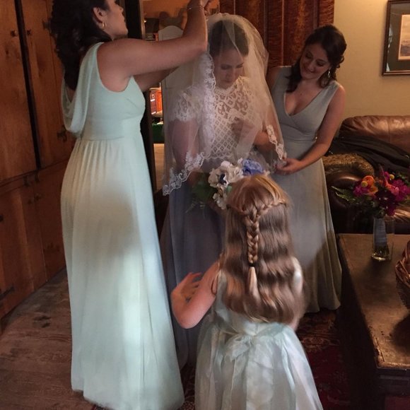 David's Bridal Bridesmaid Long Dress with Mesh and Swooping Cowl Back- Meadow - Picture 4 of 4